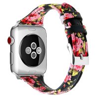eses Kožený úzký řemínek pro Apple Watch - Květinový, černo růžový 38mm, 40mm, 41mm