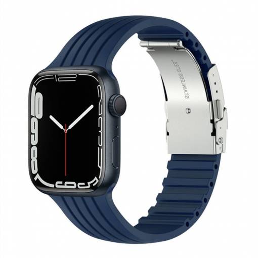 Foto - eses Silikonový řemínek pro Apple Watch s kovovou sponou - Tmavě modrý, 42mm/44mm/45mm/49mm