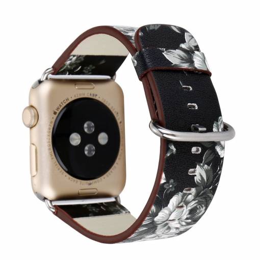 Foto - eses Kožený květinový řemínek pro Apple Watch - Černo bílý 42mm, 44mm, 45mm, 49mm