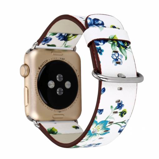 Foto - eses Kožený květinový řemínek pro Apple Watch - Bílý a modrý, 42mm/44mm/45mm/49mm