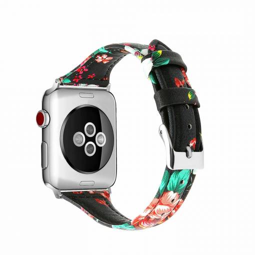 Foto - eses Kožený úzký řemínek pro Apple Watch - Květinový, černý 42mm, 44mm, 45mm, 49mm