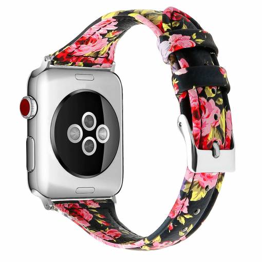 Foto - eses Kožený úzký řemínek pro Apple Watch - Květinový, černo růžový, 42mm/44mm/45mm/49mm
