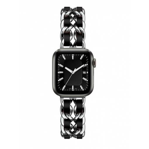 Foto - eses Kovový řetízkový řemínek propletený pro Apple Watch - Stříbrno černý, 42mm/44mm/45mm/49mm