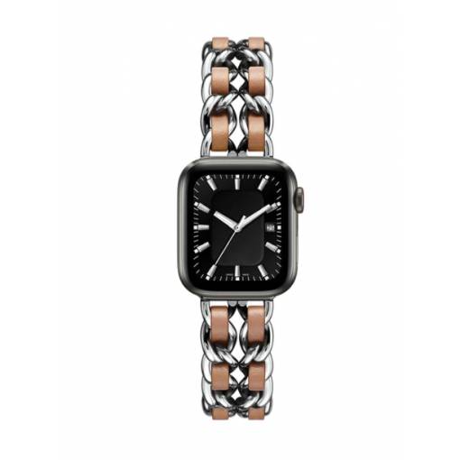 Foto - eses Kovový řetízkový řemínek propletený pro Apple Watch - Stříbrno hnědý, 42mm/44mm/45mm/49mm