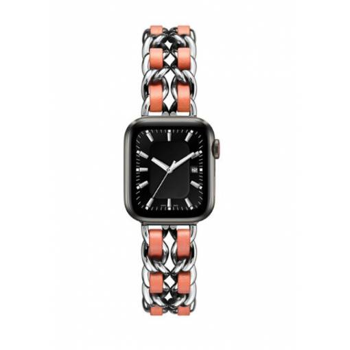 Foto - eses Kovový řetízkový řemínek propletený pro Apple Watch - Stříbrno oranžový, 42mm/44mm/45mm/49mm