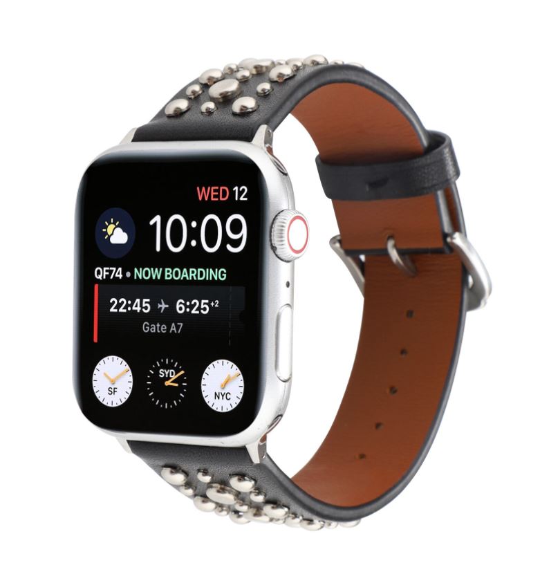 eses Kožený řemínek s nýty pro Apple Watch - Černý, 42mm/44mm/45mm/49mm