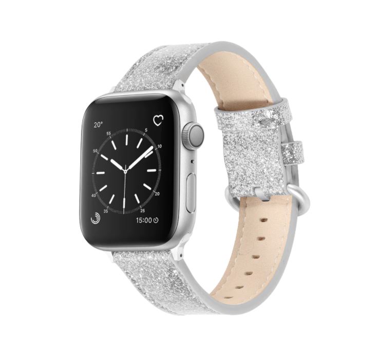 eses Kožený glitrový řemínek pro Apple Watch - Stříbrný, 42mm/44mm/45mm/49mm