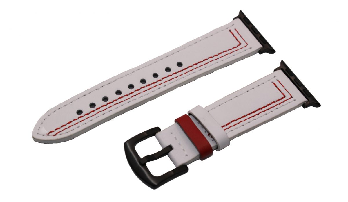 eses Kožený řemínek pro Apple Watch - 42mm/44mm/45mm, Bílý s červeným vzorem
